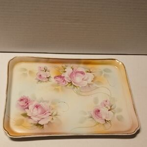 Porcelain VintagVanity Rectangular Tray Purple roses Cottage Chic Shabby Antique